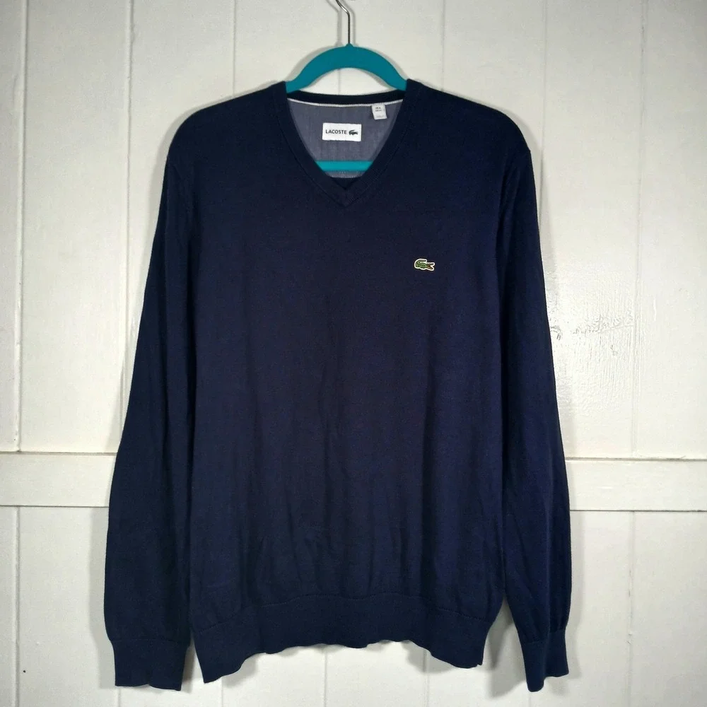 Lacoste V-Neck Sweater Mens XL Navy Blue Cotton AH0347 Lightweight Knit - Picture 1 of 9